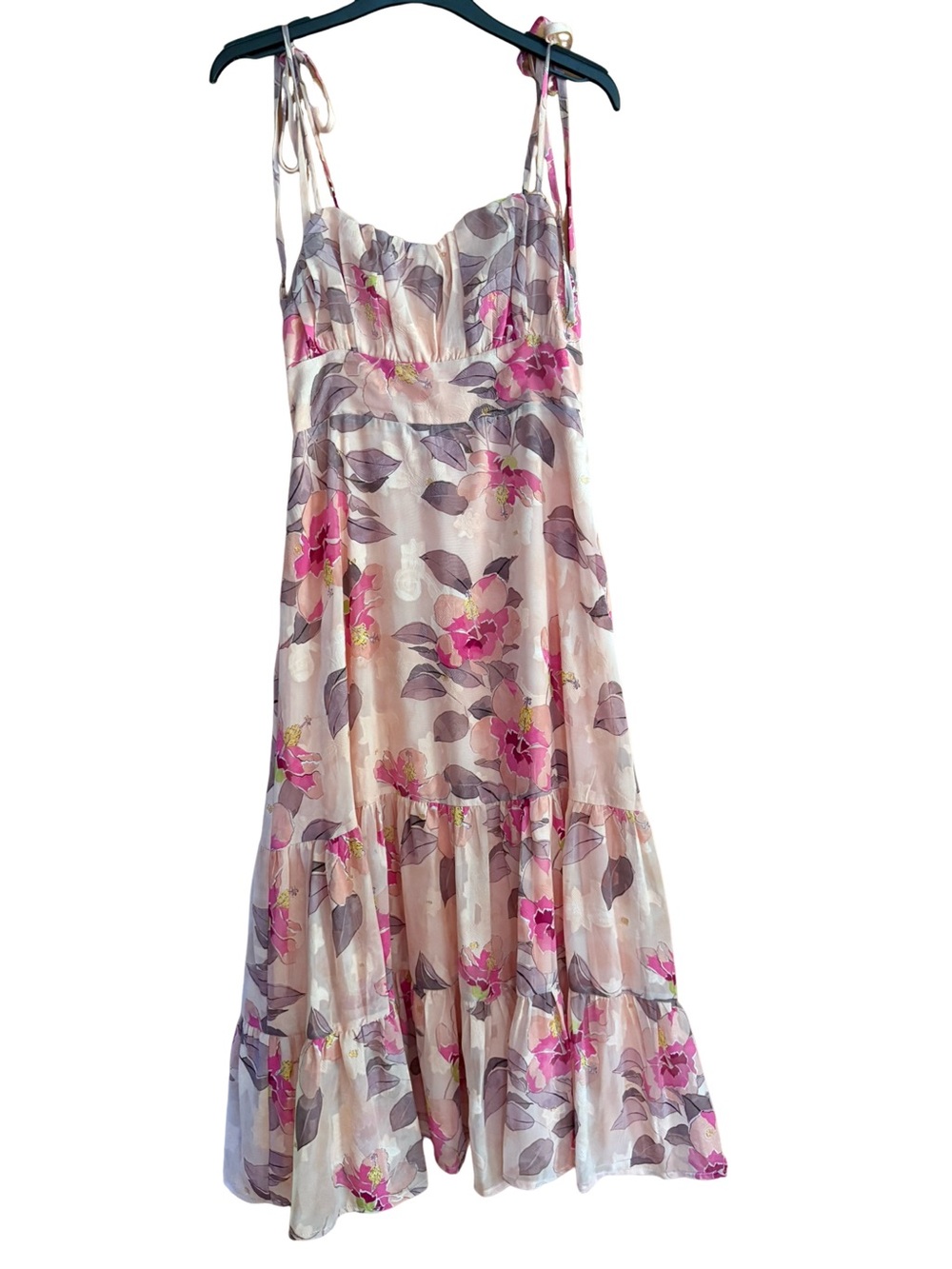 Lulus Tea Party Chic Pink Floral Print Tie-Strap Tiered Midi Dress Small EUC